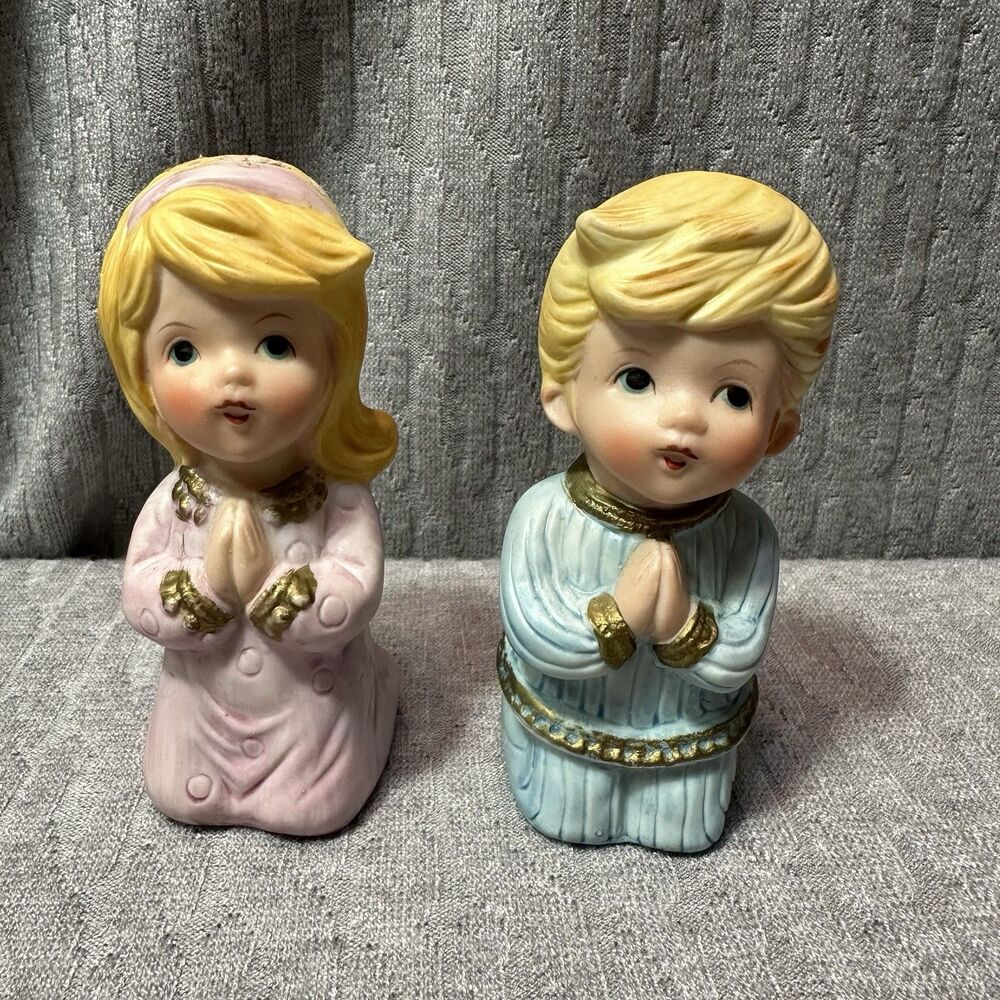 Vintage Homco Porcelain Kneeling Praying Boy & Girl Figurine Set 4.25"